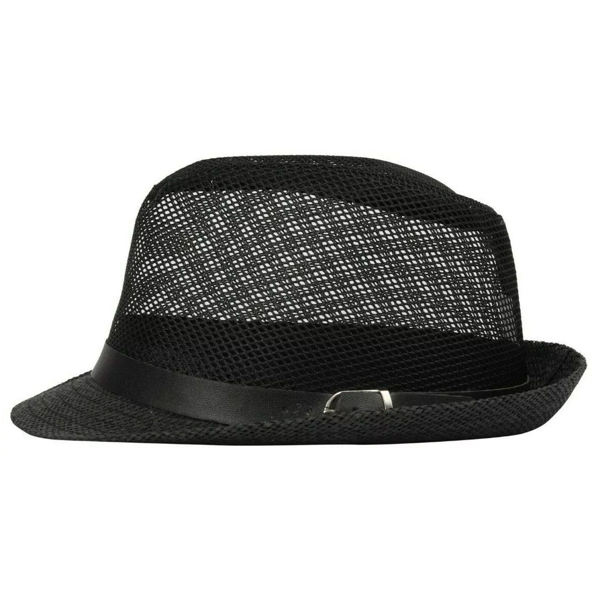 Unisex black straw trilby hat with breathable mesh upper and black band – men's and ladies lightweight summer sun hat for holidays and festivals